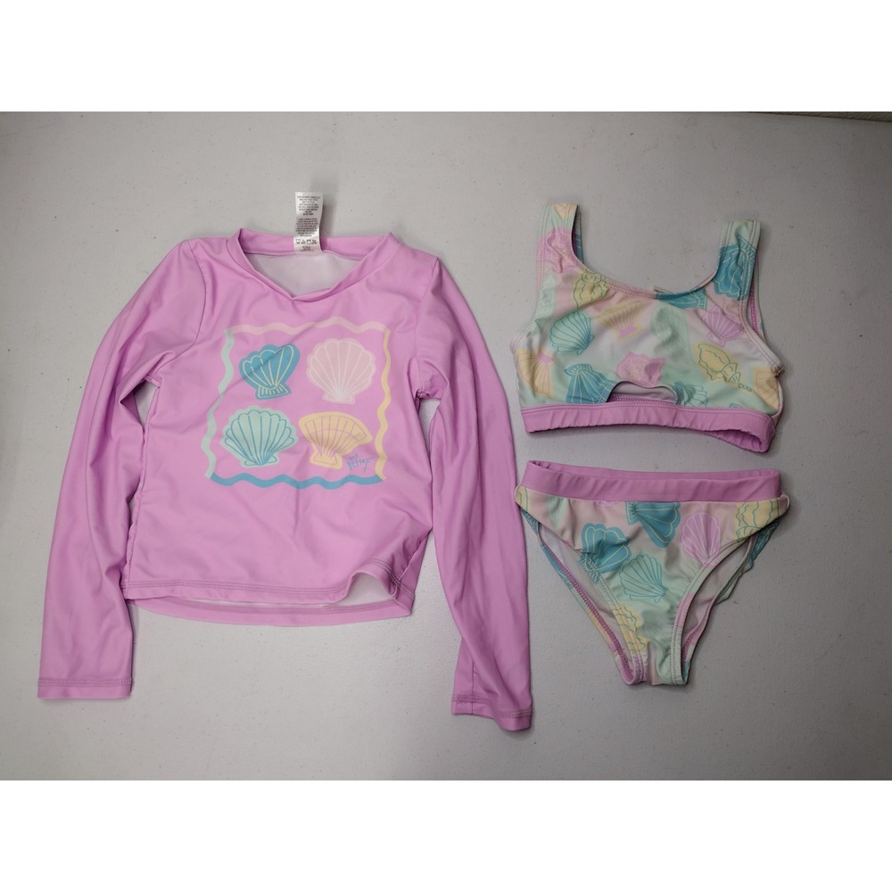 Betsey Johnson Kids Pink Seashell 3pc Rash Guard Bikini Swimsuit Set Size 6